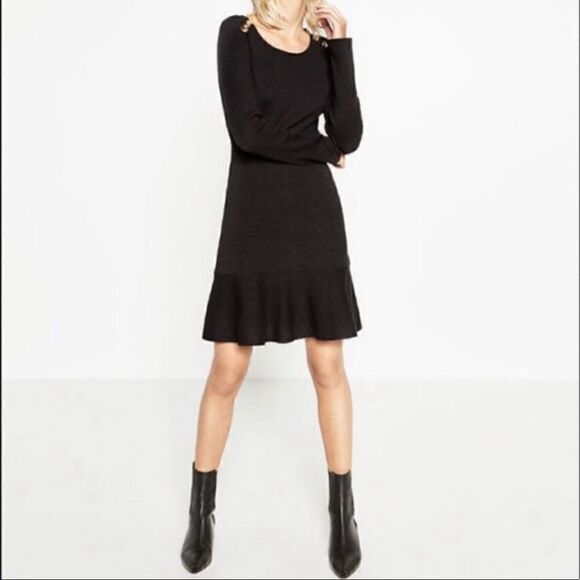 ZARA The Knitwear Collection Black Long Sleeve Buttoned Flounce Dress || SZ S - Picture 4 of 14